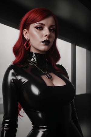 close up, goth girl, black lipstick, red hair, Latex Dress, stylish pendant, earrings, rich details, 8k, intricate details, atmospheric lighting, 35mm photograph, professional, highly detailed, high budget, moody, epic, gorgeous, proportional,