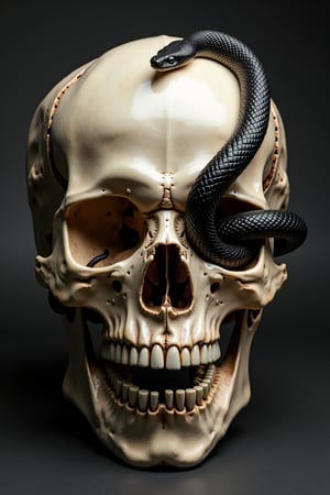 a human skull with a black cobra entangled, entering trought its eye and exiting through its mouth, front view, the cobras head is above the skull front view with its mouth open ready to strike