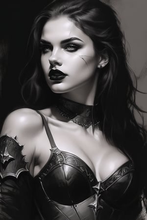 An upper body portrait, young, sexy, beautiful goth woman, very accentuated features, perfect body with ideal proportions, perfect eyes with very long eyelashes, juicy lips, black lipstick, sinister, dark, horror, gothic, aesthetic dark art, pencil sketch art, amazing quality, masterpiece, best quality, highres, breathtaking, breathtaking and beautiful woman, close_up low angle, (ornate and intricate armour), exciting, perfecteyes, portraitart,portrait art style, dim light,concept art,dark theme, ,charcoal \(medium\) style of (Luis Royo),SakimiStyle