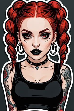 sticker_layout, sticker, vector art, goth girl, red hair, double braided hair, black lipstick, hoop earing, black cropped tanktop, tattooed,
