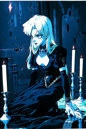 fullbody portrait of a goth girl surrounded by candles, 1990s \(style\), black lipstick, silver jewels, silver accessories, gloves, detailed background, retro artstyle, white hair, black gloves, black leather clothes, 1990s (style), 90s filter, ultra quality,