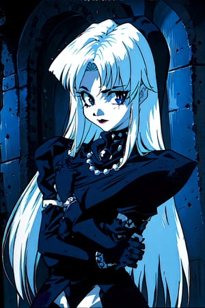 fullbody portrait, 1990s \(style\), goth girl hugging Satan, black lipstick, silver jewels, silver accessories, gloves, detailed background, retro artstyle, white hair, solo, black gloves, black leather clothes, 1990s (style), 90s filter, ultra quality,