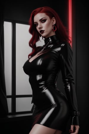 goth girl, black lipstick, red hair, red eyes, Latex Dress, stylish pendant, earrings, rich details, 8k, intricate details, atmospheric lighting, 35mm photograph, professional, highly detailed, high budget, moody, epic, gorgeous, proportional,