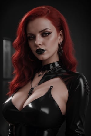 close up, goth girl, black lipstick, red hair, Latex Dress, stylish pendant, earrings, rich details, 8k, intricate details, atmospheric lighting, 35mm photograph, professional, highly detailed, high budget, moody, epic, gorgeous, proportional,