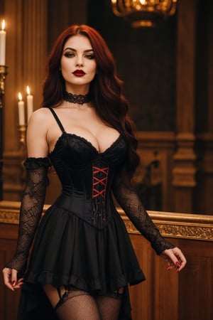 A striking woman stands confidently against a grand, gothic-inspired backdrop. Her long, wavy black hair with vibrant red highlights frames her face, drawing attention to her bold, dark makeup. Heavy eyeliner and eyeshadow accentuate her eyes, while vibrant red lips match the fiery streaks in her hair. A gothic-style corset dress showcases intricate design elements, including skull motifs, a plunging neckline, and crisscross straps. The layered hemline falls just above the knee, with black fishnet stockings adding to her edgy charm. A hint of mischief plays on her lips as she surveys her surroundings, surrounded by candles and ornate architectural details within the grand interior.