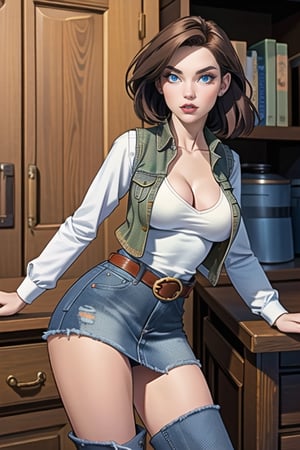 1girl, beautiful european girl, (slender), ((bare breast, naked)), ((large breast)), (((dynamic point of view pose))), masterpiece, best quality, high quality, high res, dark city background, brown hair, ((green iris)), short hair, ((open jeans vest denim)), (((denim skirt))), ((white t-shrt with long sleeves)), ((black leather boots)), ((bare breast, large breasts)), topless, naked, slender girl, expressive, solid shading, Masterpiece, nsfw, tight skirt, cowboy_shot, cowboy 1:3, Belted Skirt, line_art, Belted Skirt, ,Belted Skirt