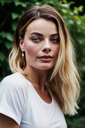 stunning closeup portrait photo of a margot robbie, wearing a white t- shirt, beautiful face, outdoors garden, epic character composition, by ilya kuvshinov, alessio albi, nina masic, sharp focus, natural lighting, subsurface scattering, f2, 35mm, film grain, cinematic shot, lighting, ((robbie)),