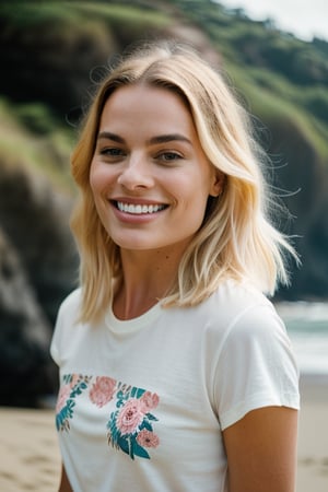 robbie stunning long shot photo of a margot robbie smiling, wearing a flowered t-shirt and a pink bluejeans skirt, beautiful face, medium blonde hair, beach background, epic character composition, by ilya kuvshinov, alessio albi, nina masic, sharp focus, natural frontal lighting, subsurface scattering, f2, 35mm, film grain, cinematic shot, lighting, ((robbie)),robbie,margot