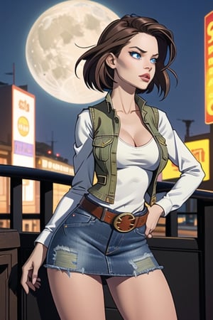 1girl, beautiful european girl, (slender), ((bare breast, naked)), ((large breast)), (dynamic point of view, fight pose), masterpiece, best quality, high quality, high res, dark city background, brown hair, ((green iris)), short hair, ((open jeans vest denim)), (((denim skirt))), ((white t-shrt with long sleeves)), ((black leather boots)), ((bare breast, large breasts)), topless, naked, slender girl, expressive, solid shading, Masterpiece, nsfw, tight skirt, cowboy_shot, cowboy 1:3, Belted Skirt, line_art, Belted Skirt