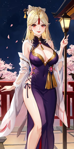 Ningguang, original_character, cherry blossom park in japan background in the night, elegant dress, blonde hair, Standing facing the camera, she faces the camera seductively, red lips, smile, HDR