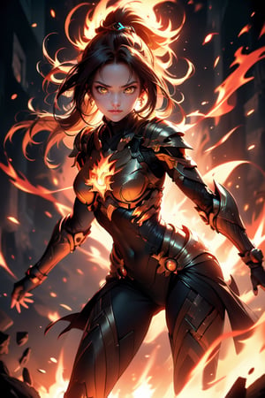 A fiery vision: A woman stands boldly in a darkened room, her hand engulfed by a blazing fireball. The flames dance across her palm, casting a warm glow on her determined face. Her other hand grasps the base of the inferno, her posture strong and unyielding. Shadows cast eerie silhouettes behind her, while the fiery orb dominates the frame. glowing eyes,  long hair, intrincade detail armor,floating hair, evil smile