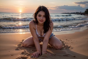 A 32 years old woman playing with the sands on the beach at the sunset, soft smile, 


