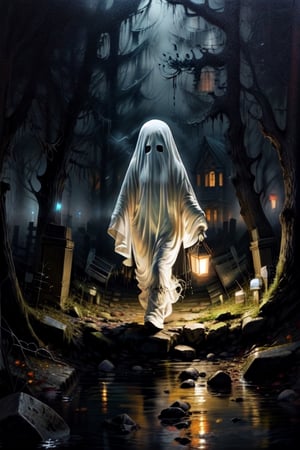 1girl, ghost female, hide face, floating body, walking on cementery, light fog, night