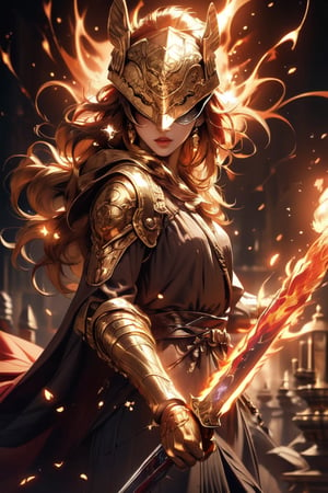 ((medium full shot:1.5)), (masterpiece, best quality:1.1),fantasy, intricate, illustration ,soft lighting, specular lighting, extremely detailed, hyper detailed, realistic, perfect face, ,sharp focus, (4k), 1girl, swordmaster woman,malenia blade of miquella, castle background, covered eyes,winged helmet, (golden particles effect:1.4),(red flames of rot:1.2),midjourney