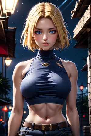 (best quality, masterpiece:1.2), ultra-detailed, blue_mary, 1girl, breasts, belt, navel, solo, pants, jeans, midriff, denim, turtleneck, sleeveless, (red crop top:1.4), torn clothes, (park, night), large breasts, torn pants, bare shoulders, shirt, brown belt, building, looking at away, sleeveless turtleneck, blonde hair, black gloves, hair movement, 