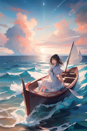 Imagine a brave woman with a determined look, sitting on a giant-sized paper boat. The waves of the sea gently rock her as she looks toward the horizon, searching for her next destination. The paper boat, although it seems fragile, is strong and withstands the waters of the vast ocean.,starry dress, black hair, hair movement, looking away