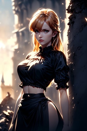 ((Alone:1.4)), ((Solo:1.4)), ((MEDIUM FULL SHOT:1.5)),realistic, masterpiece,best quality,High definition, (realistic lighting, sharp focus), high resolution, ((volumetric light)), outdoors,  , ((a 25 years old woman on a desolate castle)),((thin waist, wide hips)), ((large breats:1.5)),  hair between eyes, ((looking at away:1.3)),  ,MariaRenard,1 girl