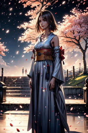 (Solo:1.4)), ((MEDIUM FULL SHOT:1.5)),realistic, masterpiece,best quality,High definition, (realistic lighting, sharp focus), high resolution, 
a 25  years old woman in the night in a park, ,YunaFFX,  jewelry, detached sleeves, necklace, blue-beaded earring, hakama skirt, smiling, outdoors, park, tree, cherry tree,  medium breats, volumetric light, cloudy day, ((NIGHT)), flowers, ,lake,, makeup, ((cherry petals in the hair:1.3)), clouds, grass. hair movement, hand on hips, wood bridge, looking away, wide hips, detailed hands, female hands,kimono,1 girl, starry sky