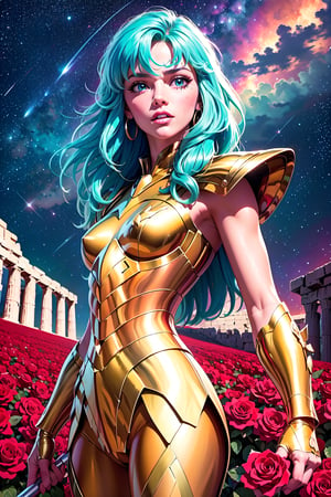 masterpiece,best quality,High definition, (realistic lighting, sharp focus), high resolution, ((volumetric light), ((Medium full shot1.5)),,a woman knight, Aqua hair, , Long hair, greek temple, roses, roses petails in the hair, looking at viewer, starry sky, Gold armor, soft smile, pink lips, juicy lips,((closed mouth:1.5)), fight pose, green pants, greek temple