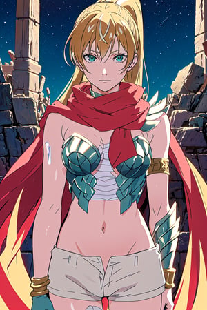 masterpiece, best quality, high quality details, 1girl, solo, armor, long hair, blonder hair, ponytail, green eyes, red scarf, belly button, bandages, white shorts,choker, bracelet, greek ruins, looking at viewer, starry sky, breats, hair movement soft smile