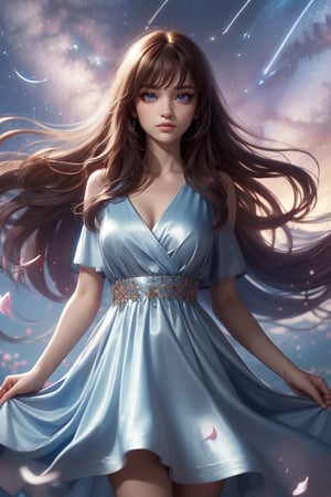 Masterpiece, Best Quality, Photorealistic, High Resolution, 8K Raw), smile, 1 girl, solo, long hair, (brown hair, bangs:1.1), big breasts, Light, busty and sexy girl, wearing a flowing dress with a starry sky pattern and flowers, starry dress, ((shy smile:1.5)), hair movement, brunette hair, juicy lips, tight dress, make up, looking away,kanamechidori, (petals:1.5), (Shooting Star behind:1.4)