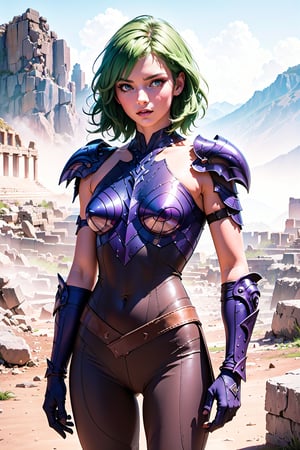 masterpiece,best quality,High definition, (realistic lighting, sharp focus), high resolution, ((volumetric light), ((Medium full shot:1.5)),,a woman, shoulder pads, armor, bodysuit, shoulder armor, pauldrons, fingerless gloves, ((closed mouth:1.5)), looking away, greek ruins, dust, fog, starry sky, Mountains, short hair, green hair, soft smile
