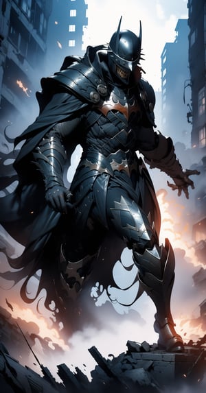 Batman who laughs, ((full-body_portrait)), Ruined City, dust, night, standing_up, upper_body knight armor, black armor, lower body knight armor,nijistyle, flames, explosion, chaos,