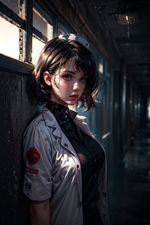 (((alone:1.2, Solo:1.2))),((cowboy shot))), Best quality, masterpiece, A girl, Sexy nurse dress, ((detailed face:1.2, detailed lips:1.2)), black hair, short hair, nurse coat,pysco face,  large breats, taned skin, a morge background, gloomy place, light fog, (((dark theme))