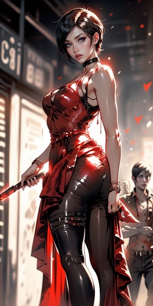 1girl, ada wong of resident evil, ((zombies walking around)), elegant red dress, bare leg