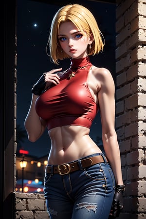  from above (best quality, masterpiece:1.2), ultra-detailed, blue_mary, 1girl, breasts, belt, navel, solo, pants, jeans, midriff, denim, turtleneck, sleeveless, (red crop top:1.4), torn clothes, (park, night), large breasts, torn pants, bare shoulders, shirt, brown belt, ((looking at away)), ((red sleeveless turtleneck)), blonde hair, black gloves, hair movement, box pose
