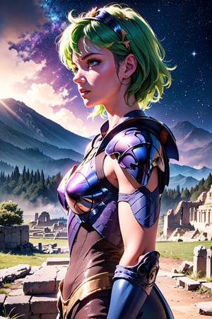 masterpiece,best quality,High definition, (realistic lighting, sharp focus), high resolution, ((volumetric light), ((Medium full shot:1.5)),,a woman, shoulder pads, armor, bodysuit, shoulder armor, pauldrons, fingerless gloves, ((closed mouth:1.5)), looking away, greek ruins, dust, fog, starry sky, Mountains, short hair, green hair, soft smile,Shaina, tiara, armor, 
