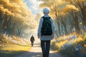  Alone, solo, realistic, masterpiece,best quality,High definition, (realistic lighting, sharp focus), high resolution, volumetric light,, From behind, A man walking alone in a green valley, A day of spring
, Light theme, White hair ,falling leaves, dim light, flowers, beauty day, cloudy sky, traveler backpack, tree leaves in the air, butterflies, light dust

