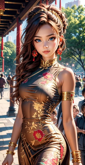 A 25 years old woman in the park, cowboy_shot, A sculptural woman with curly red hair walks through the park in a form-fitting Chinese dress adorned with intricate floral patterns and delicate embroidery. She wears traditional Chinese jewelry, including jade earrings and a golden bracelet, which glimmer in the sunlight. Her sweet smile and warm gaze complement her striking figure. The sun casts a gentle, golden light, creating a perfect composition that captures the essence of the moment, worthy of a prize-winning photograph
