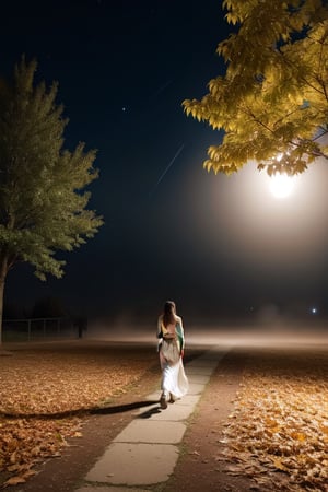 from bellow, professional photo of a mistery woman walking on a park in a beatifull night, light dust, flower, birds, windy day, ((leaves in the air:1.3)),poakl, high saturation, long white dress, dust, dense fog, (night:1.3), volumetric light, moon light