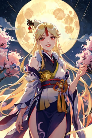Ningguang, original_character, cherry blossom park in japan background in the night, elegant dress, blonde hair, looking away, seductively, natural color lips, smile, HDR, little full moon rising on the horizon, night with meteor shower, cute smile

