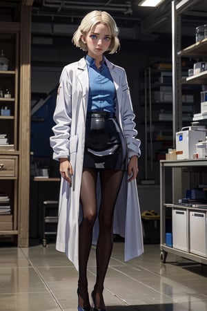 ((alone:1.5)). ((Solo:1.5)), ((MEDIUM FULL SHOT:1.5)),realistic, masterpiece,best quality,High definition, , high resolution,,, a 35 years old  woman, blonde hair, short hair, looking away,pantyhose, high heels, blue shirt, white lab coat, black skirt, clothed,focus face, hourglas body, medium breats