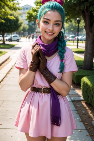  (((happy, big smile, solo, looking at viewer))),(masterpiece, best quality),bulma, 1girl, solo, blue eyes, blue hair, aqua hair, single braid, braided ponytail, hair ribbon, red ribbon, hair bow, earrings, short dress, pink dress, vertical-striped dress, short sleeves, belt, clothes writing, brown gloves, single glove, purple scarf. park, outdoors,detailed hands