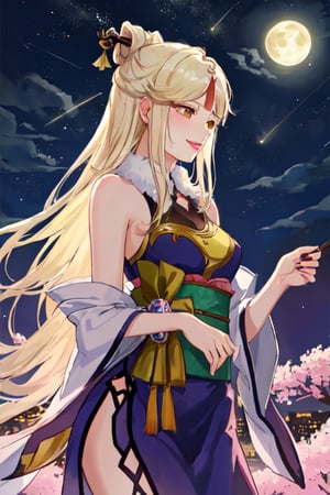 Ningguang, original_character, cherry blossom park in japan background in the night, elegant dress, blonde hair, looking away, seductively, natural color lips, smile, HDR, little full moon rising on the horizon, night with meteor shower, cute_face

