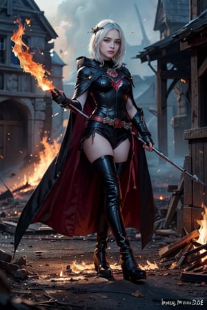 a 25 years old woman, A black knight, red eyes, glowing eyes:1.3, bloody white hair, full-body_portrait, ((soft smile:1.5)), ((looking away:1.3)), breats, hair movement, outdoors, hourglas body, fire ashes,black cape, breats, curvy_figure, hood in head, holding a magic staff


