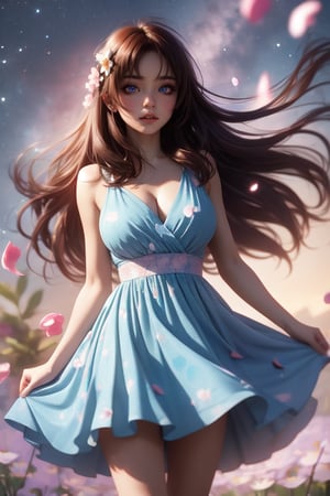 Masterpiece, Best Quality, Photorealistic, High Resolution, 8K Raw), smile, 1 girl, solo, long hair, (brown hair, bangs:1.1), big breasts, Light, busty and sexy girl, wearing a flowing dress with a starry sky pattern and flowers, starry dress, ((shy smile:1.5)), hair movement, brunette hair, juicy lips, tight dress, make up, looking away,kanamechidori, (petals:1.5)
