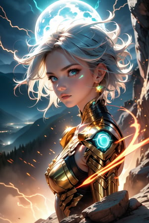 A mystical sorceress stands atop a misty mountain peak, her long silver hair whipping in the wind as she grasps a glowing Thunder Orb. The orb's electric blue light illuminates her piercing green eyes and radiates an aura of powerful magic. Framed by a dramatic rocky outcropping, the scene is bathed in a warm golden light, with dark stormy clouds gathering in the background. short hair, white hair, focus face