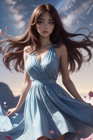 Masterpiece, Best Quality, Photorealistic, High Resolution, 8K Raw), smile, 1 girl, solo, long hair, (brown hair, bangs:1.1), big breasts, Light, busty and sexy girl, wearing a flowing dress with a starry sky pattern and flowers, starry dress, ((shy smile:1.5)), hair movement, brunette hair, juicy lips, tight dress, make up, looking away,kanamechidori, (petals:1.5), (Shooting Star behind:1.4)