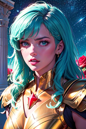 masterpiece,best quality,High definition, (realistic lighting, sharp focus), high resolution, ((volumetric light), ((Medium full shot1.5)),,a woman knight, Aqua hair, , Long hair, greek temple, roses, roses petails in the hair, looking at viewer, starry sky, Gold armor, soft smile, pink lips, juicy lips,((closed mouth)), fight pose