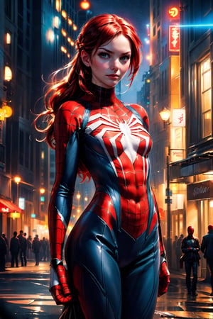 ((Alone:1.4)), ((Solo:1.4)), ((MEDIUM FULL SHOT:1.5)),realistic, masterpiece,best quality,High definition, (realistic lighting, sharp focus), high resolution, ((volumetric light)), outdoors, a 25 years old woman, Kirsten Dunst like as spider woman, pony tail red hair,spideyadv2, 