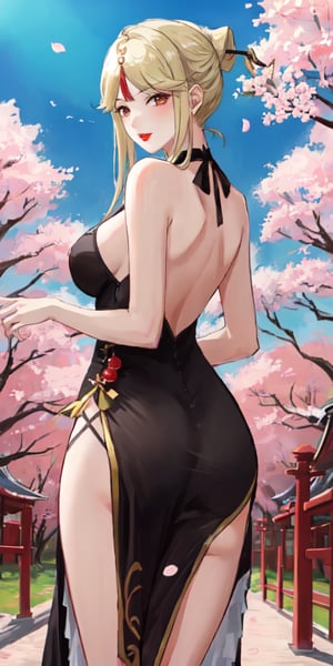 Ningguang, original_character, cherry blossom park in japan background, original dress, blonde hair, Standing with her back to the camera she faces the camera seductively, red lips, shy face