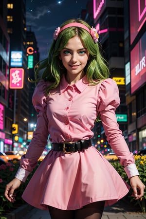 A gentle 25 years old woman in a garden at the night, pacefull face, soft smile, hair movement, briannedechateau-smf, solo, green hair, blue eyes, sky full of hearts, pink dress, belt, hairband, puffy sleeves, long sleeves, smile, ((pink aura, pink energy:1.3)), battle stance, destruction,black sky, night, black pantyhose, CyberPunkAI ( neon ) city , detailed background