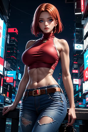 (best quality, masterpiece:1.2), ultra-detailed, blue_mary, 1girl, breasts, belt, navel, solo, pants, jeans, midriff, denim, turtleneck, sleeveless, (red crop top:1.4), torn clothes, (cyberpunk city, night), large breasts, torn pants, bare shoulders, shirt, brown belt, building, looking at viewer, sleeveless turtleneck,