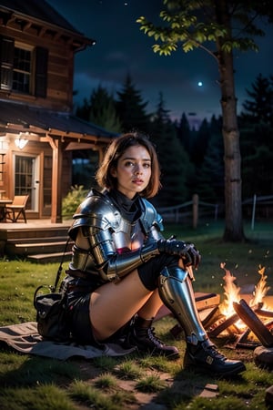 a young woman sitting next to a bonfire at night, looking away, knight armor, front view, mile, short hair