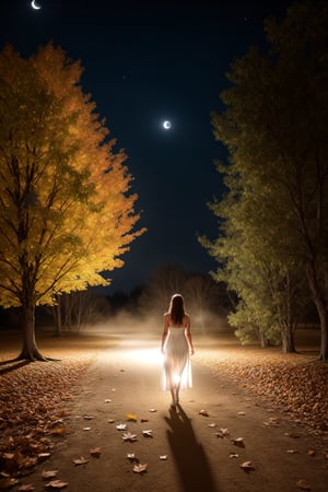 from bellow, in the night a professional photo of a mistery woman walking on a park in a beatifull night, light dust, flower, birds, windy day, ((leaves in the air:1.3)),poakl, high saturation, long white dress, dust, dense fog, (night:1.3), volumetric light, moon light, paled skin