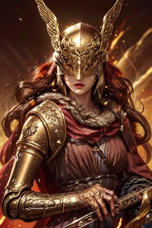 (medium full shot:1.5), (masterpiece, best quality:1.1),fantasy, intricate, illustration ,soft lighting, specular lighting, extremely detailed, hyper detailed, realistic, perfect face, ,sharp focus, (4k), 1girl, swordmaster woman,malenia blade of miquella, castle background, covered eyes,winged helmet, (golden particles effect:1.4),(red flames of rot:1.2)